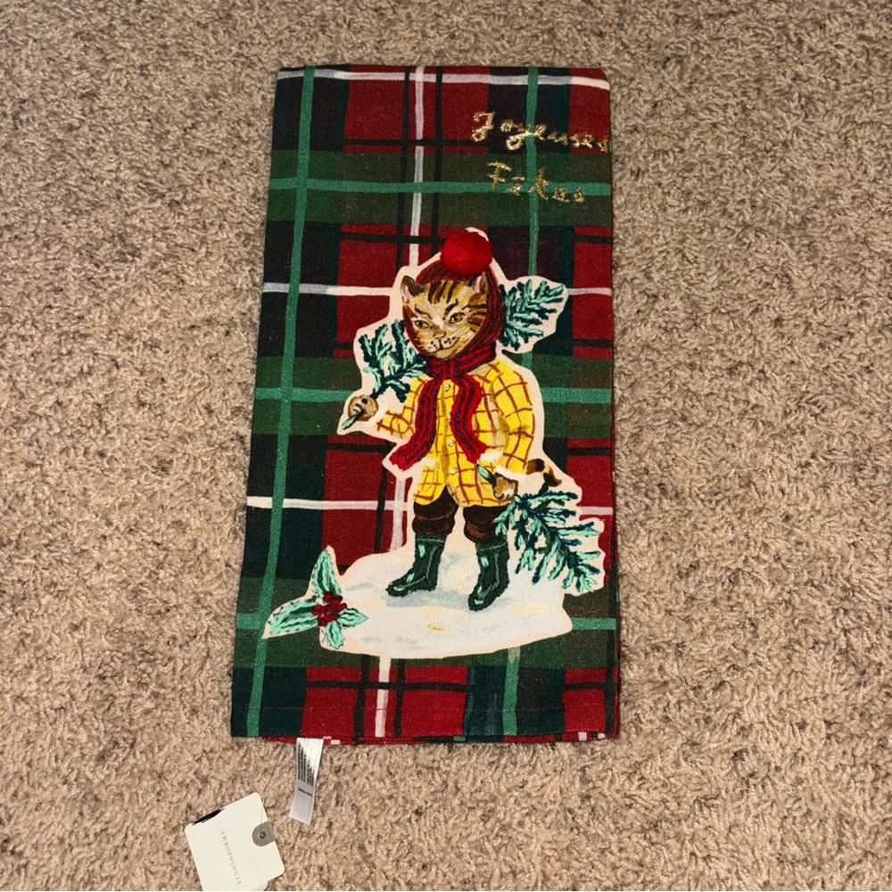 New Anthropologie Nathalie Lete Holiday Dish Towel Cat Christmas
